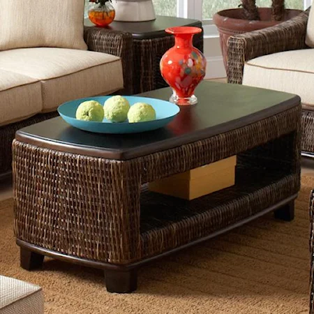 Tropical Wicker Cocktail Table with Wooden Top and Block Tapered Block Legs